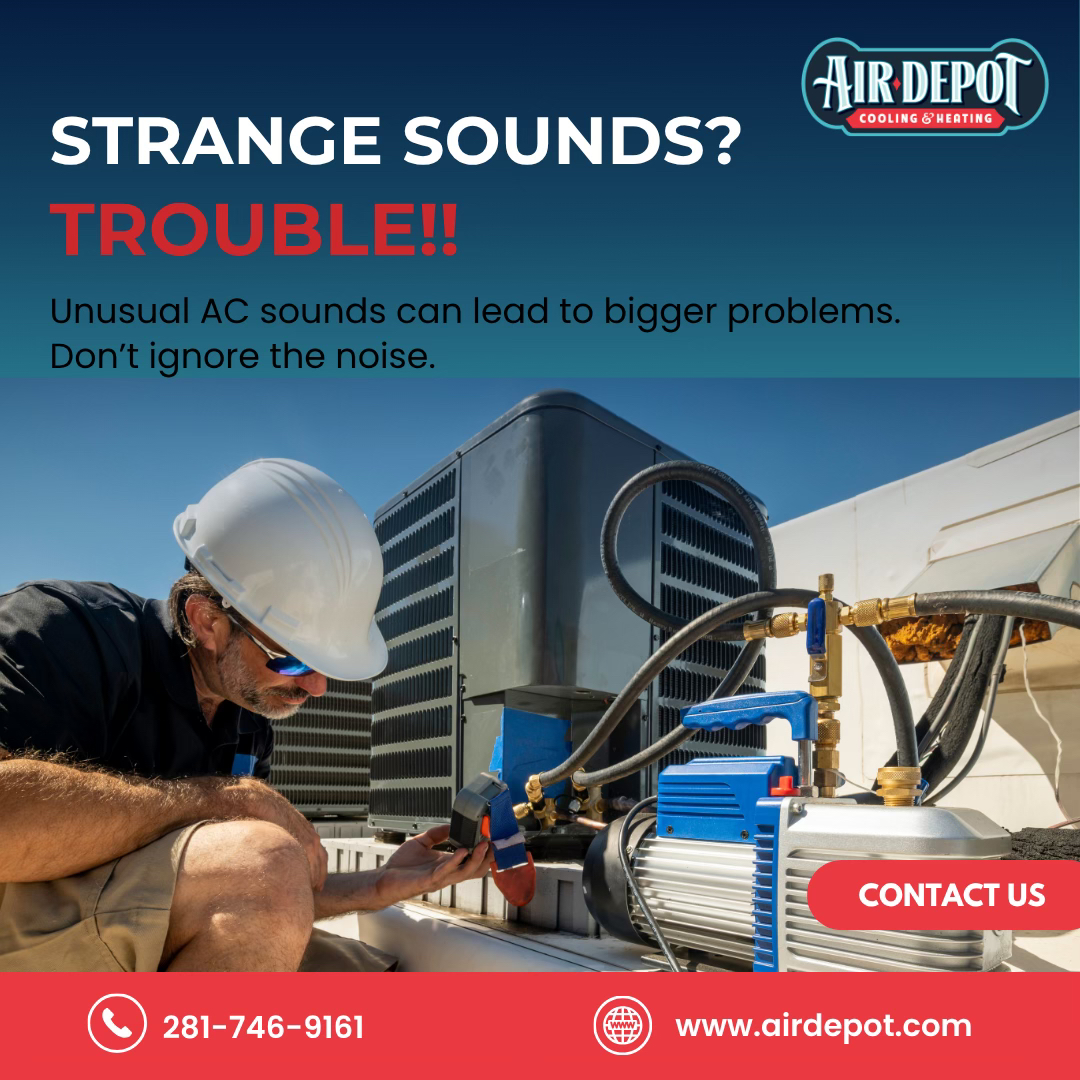 AIRDEPOT's tweet photo. Grinding, rattling, or hissing noises from your AC could signal serious problems. Air Depot's trained technicians quickly identify the issue and restore your system's performance before it worsens. Schedule your AC inspection at https://t.co/o8SesUMi4S #acrepairservice #houstontx #cypresstxhomes #hvactech #coolcomfort #airdepot