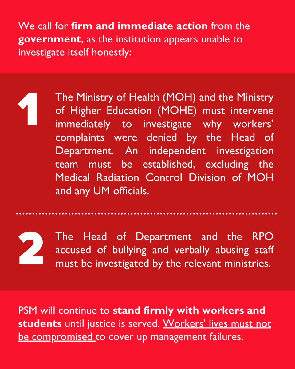 PSMPetalingJaya's tweet photo. We are calling for immediate government intervention.

We need an independent investigation: free from internal UM or MOH influence to get to the bottom of this.

Workers' lives must never be the price of management's failure. https://t.co/xPxAKLuB23