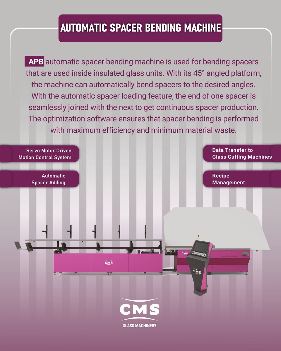 cmsglassmachine's tweet photo. [EN] APB automatic Spacer Bending Machine is used for bending spacers that are used inside insulated glass units. With its 45° angled platform, the machine can automatically bend spacers to the desired angles. 

#Glass #Innovation #CMSGlassMachinery https://t.co/wGZsb4d0b6