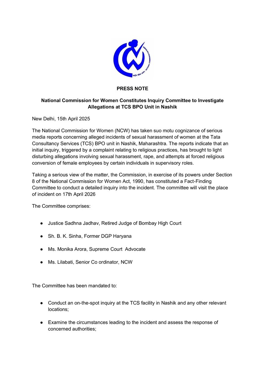 NCW takes suo motu cognizance of media reports concerning alleged ...