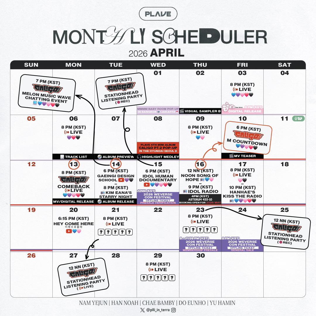 plli_in_terra's tweet photo. [🗓]  PLAVE Monthly Schedule - 𝐀𝐩𝐫 𝟐𝟎𝟐𝟔 (KST)🆕
⸻

4/16 MBC FM4U Noon Song of Hope💙🩷
4/16 MBC Idol Radio💙💜🩷❤️🖤
4/17 LIVE🩷🖤

𝗖𝗮𝗹𝗶𝗴𝗼 𝗣𝘁.𝟮 𝗖𝗼𝗺𝗲𝗯𝗮𝗰𝗸
4/16 M Countdown*

⸻
#PLAVE #플레이브 https://t.co/xSvwKQ5fDG