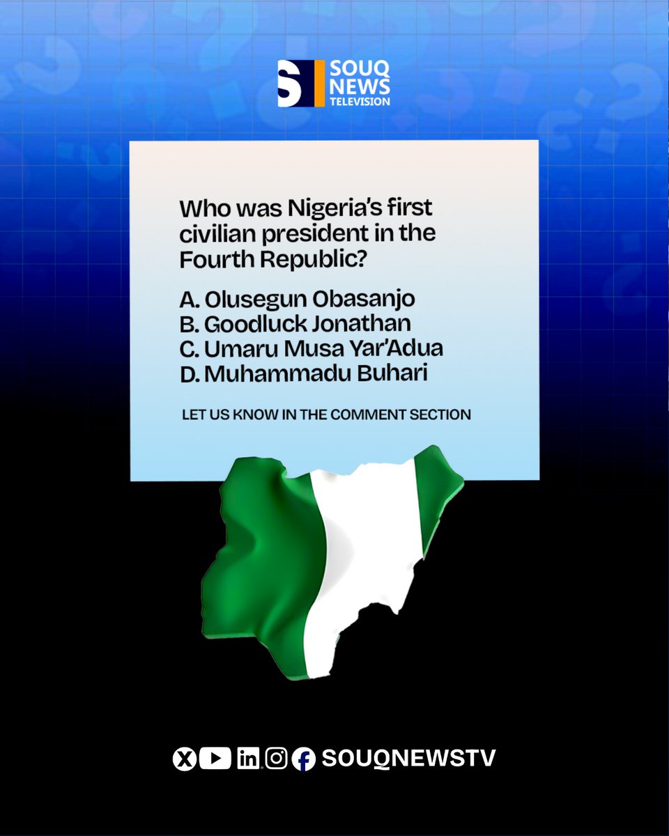SOUQNewsTV's tweet image. Let’s see who really knows their history!

Drop your answer in the comments 

#NigeriaHistory #TriviaChallenge #NaijaFacts #KnowledgeCheck #SOUQNews #AfricanStories #LearnSomethingNew