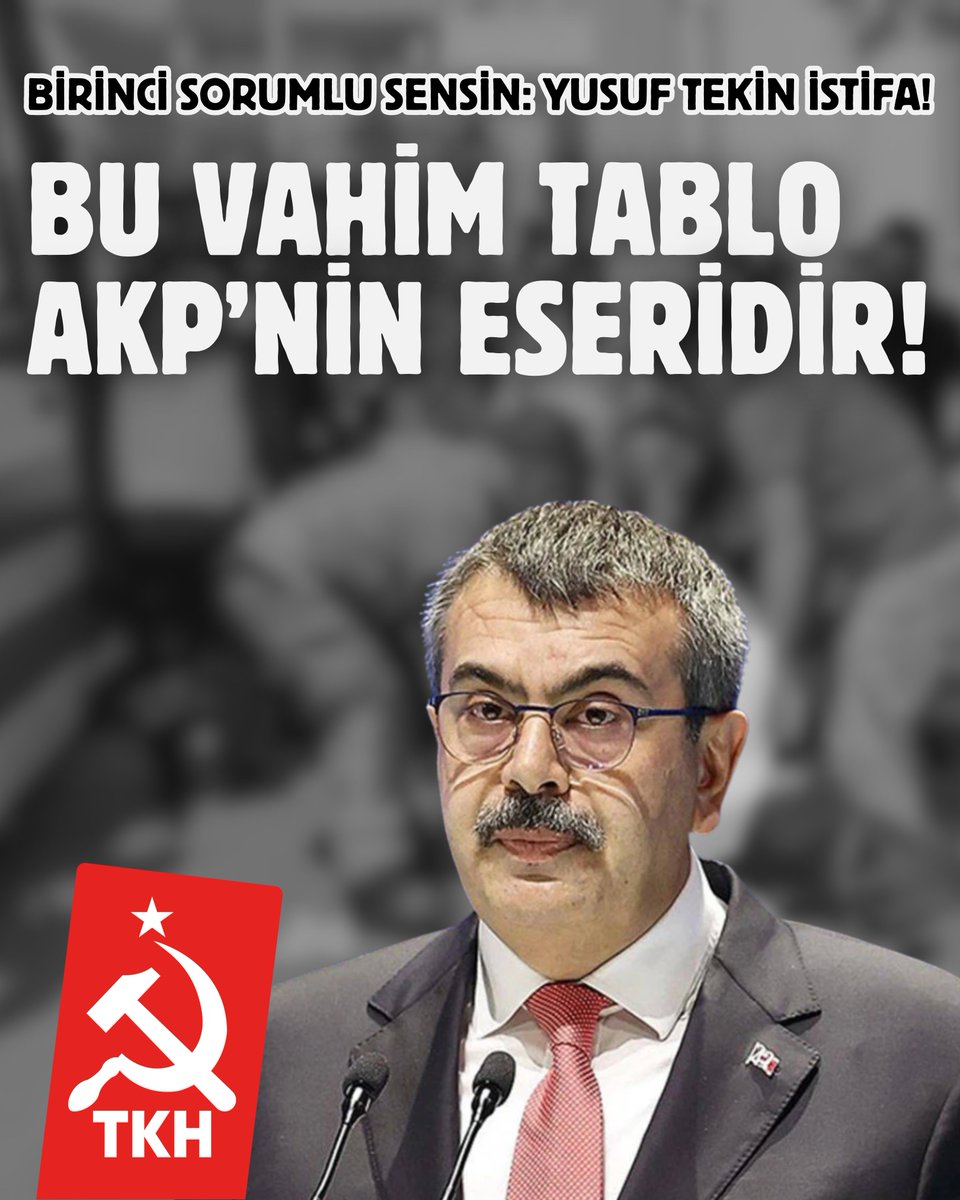 BİRİNCİ SORUMLU SENSİN: YUSUF TEKİN İSTİFA!

BU VAHİM TABLO AKP’NİN ESERİDİR!

Şanlıurfa’da ve Kahramanmaraş’ta okullarda yaşanan silahlı saldırılar, ülkemizin içine düştüğü çukuru gözler önüne sermiştir. 

Bu iki saldırı münferit vakalar değil, birer sonuçtur. 

Uyuşturucu