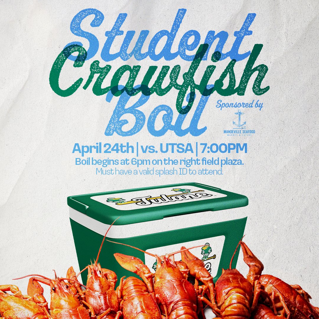 GreenWaveBSB's tweet photo. STUDENTS!!

Join us on Friday, April 24th at 6pm before our opener against UTSA for a FREE Student Crawfish Boil in the Right Field Plaza at Greer Field at Turchin Stadium! Event will take place from 6-7pm!

*Must show valid splash ID

#RollWave🌊 https://t.co/ZJLdUwQbbx