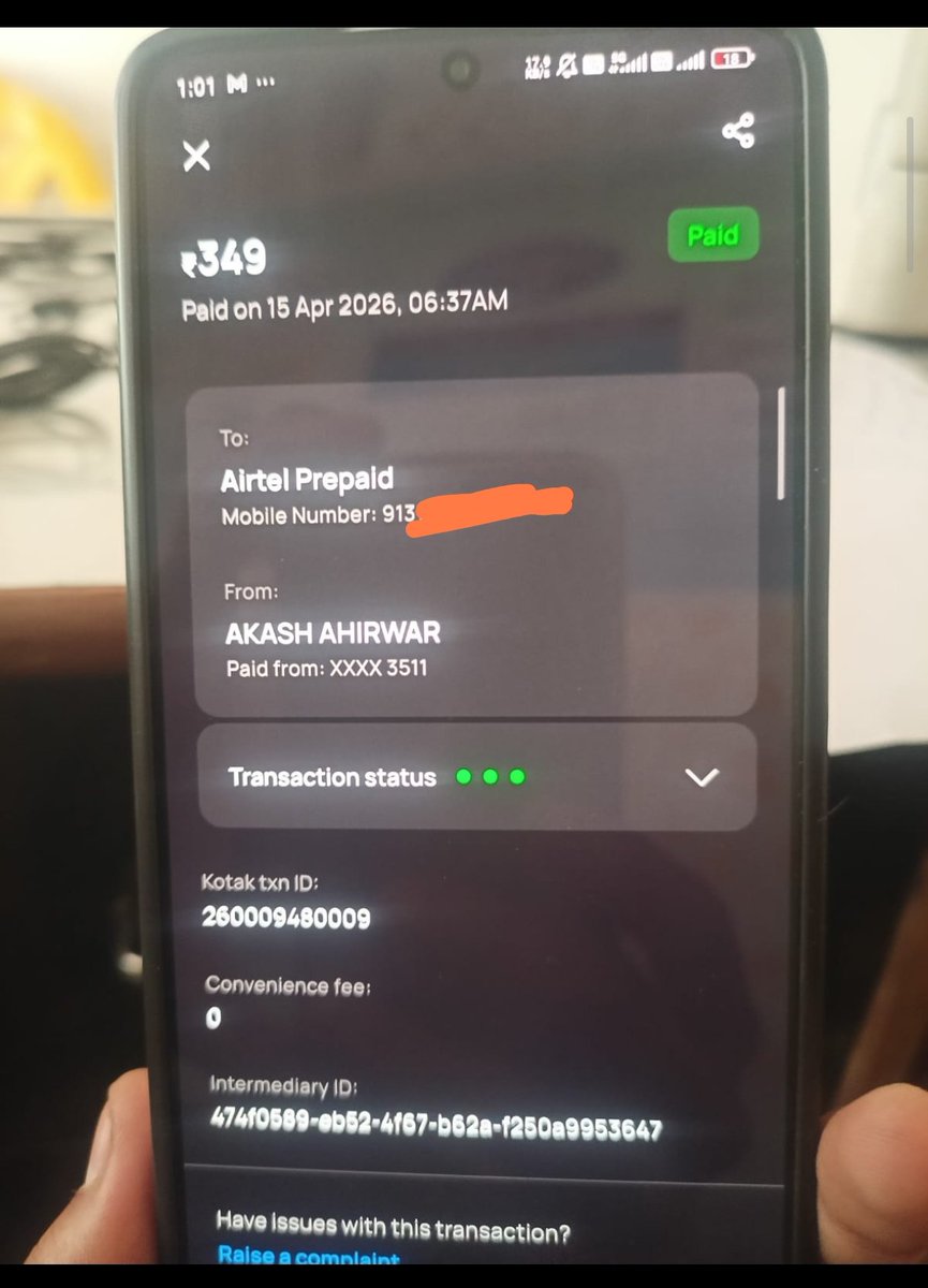 Akashah2306's tweet photo. @Airtel_Presence I urgently need backend assistance with my number. I am facing two system errors

Missing Recharge: I successfully paid for a ₹349 recharge on 15 April 2026 at 06:37 AM. The amount was debited from my Kotak account (Txn ID: 250009480009), but not reflected. https://t.co/Hhjsenzo82