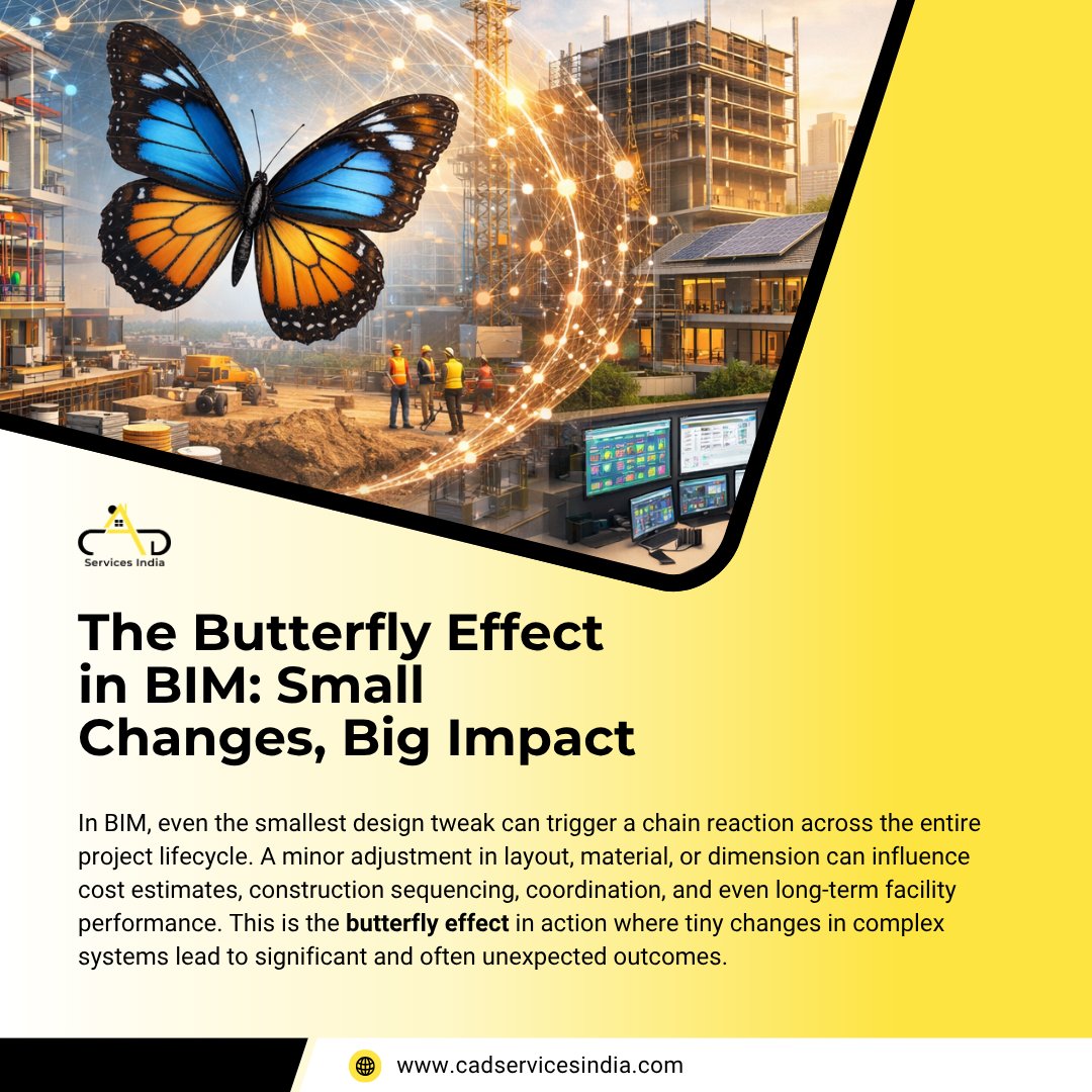 CADServicesInd's tweet photo. A minor tweak in layout or material can trigger a massive chain reaction impacting costs, sequencing, and long-term performance. This is the butterfly effect in action: where tiny shifts lead to significant outcomes.
🔗 Visit: https://t.co/IBYCoFoCCQ
#BIM #VDC #ConstructionTech https://t.co/0SFxEuWlNe