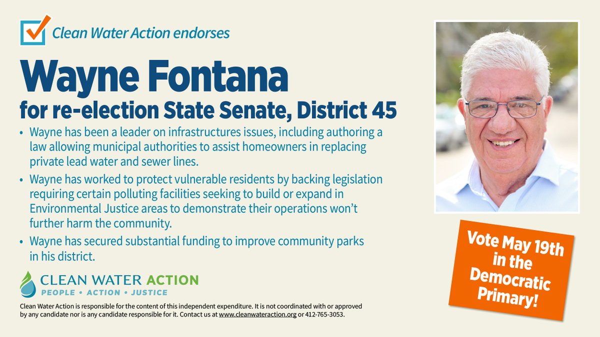 CleanH2OPA's tweet image. Excited to rollout our endorsement for Wayne! He has been a strong #environmental ally in the State Senate, especially on some of our key legislative priorities like, protecting #EnvironmentalJustice communities from #pollution &amp;amp; addressing #lead hazards. Be a #CleanWaterVoter
