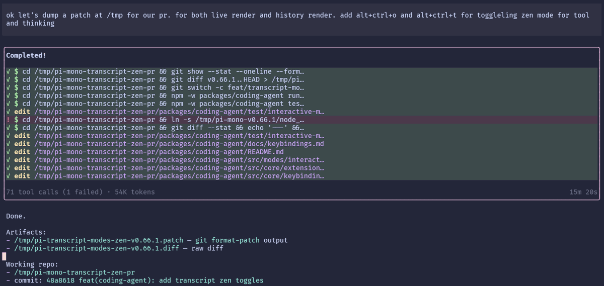tan51616's tweet photo. @lucasmeijer I built an "activity block" extension for my own use. This requires some patches to pi core so it's not super clean but works very well in that it removes a lot of toll call noise and you can jump back to the prompt fairly quickly in case you forget your prompt https://t.co/hhvXlkbzOB