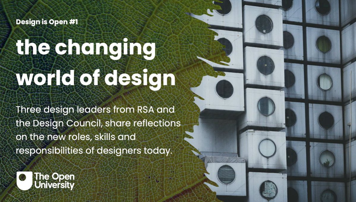 OUFreeLearning's tweet image. How has the #design world changed?
What role are #designers playing?

'Design is Open' is a series of interviews, in conjunction with @theRSAorg, with UK-based design leaders sharing their journey as designers and their reflections on those questions.

open.edu/openlearn/scie…