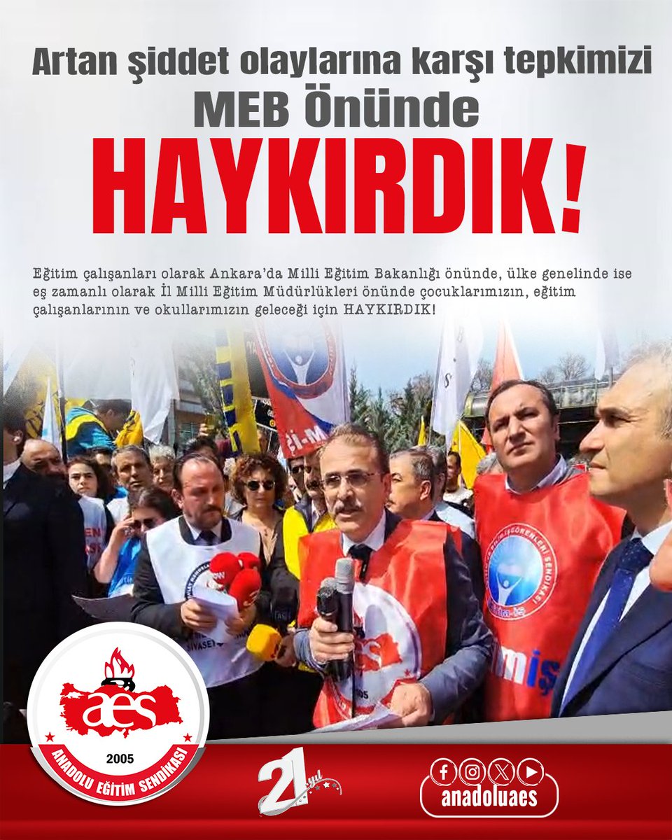 anadoluaes's tweet photo. Artan şiddet olaylarına karşı tepkimizi MEB önünde haykırdık!

Anadolu Eğitim Sendikası olarak okullarda artan şiddet olaylarına tepkimizi göstermek, çocuklarımızın, eğitim çalışanlarının ve okullarımızın geleceği için; Milli Eğitim Bakanlığı önündeydik.

Eğitim çalışanları olarak Ankara’da Milli Eğitim Bakanlığı önünde, ülke genelinde ise eş zamanlı olarak İl Milli Eğitim Müdürlükleri önünde çocuklarımızın, eğitim çalışanlarının ve okullarımızın geleceği için HAYKIRDIK!