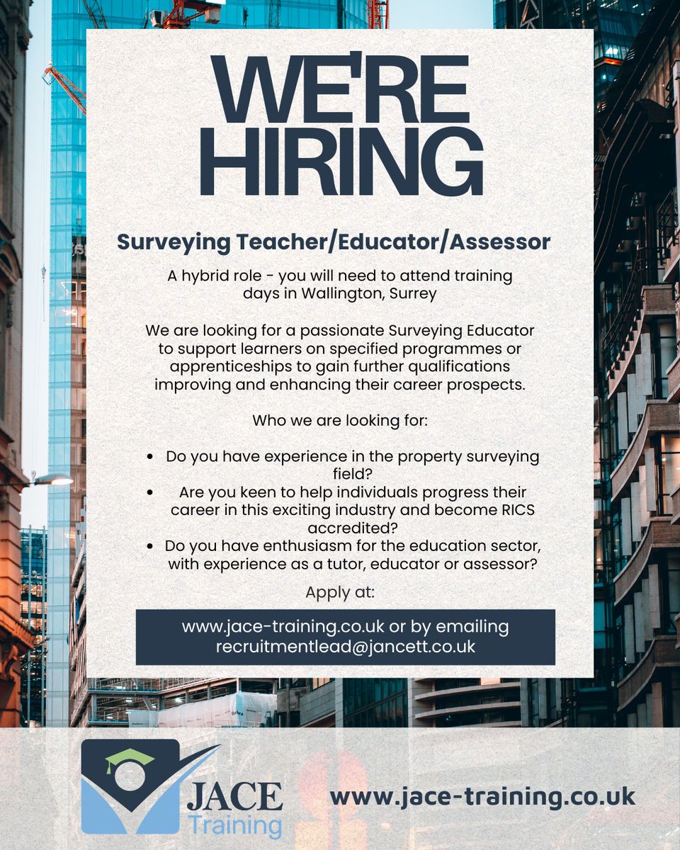 JACETraining's tweet photo. This is a fantastic opportunity to become part of a dynamic, fun training team, working with apprentices.  Bring your previous knowledge and experience and put it to great use in a rewarding training environment #jobs #surveying #construction #assessor #tutor #hybrid https://t.co/JOl7RlS0wl