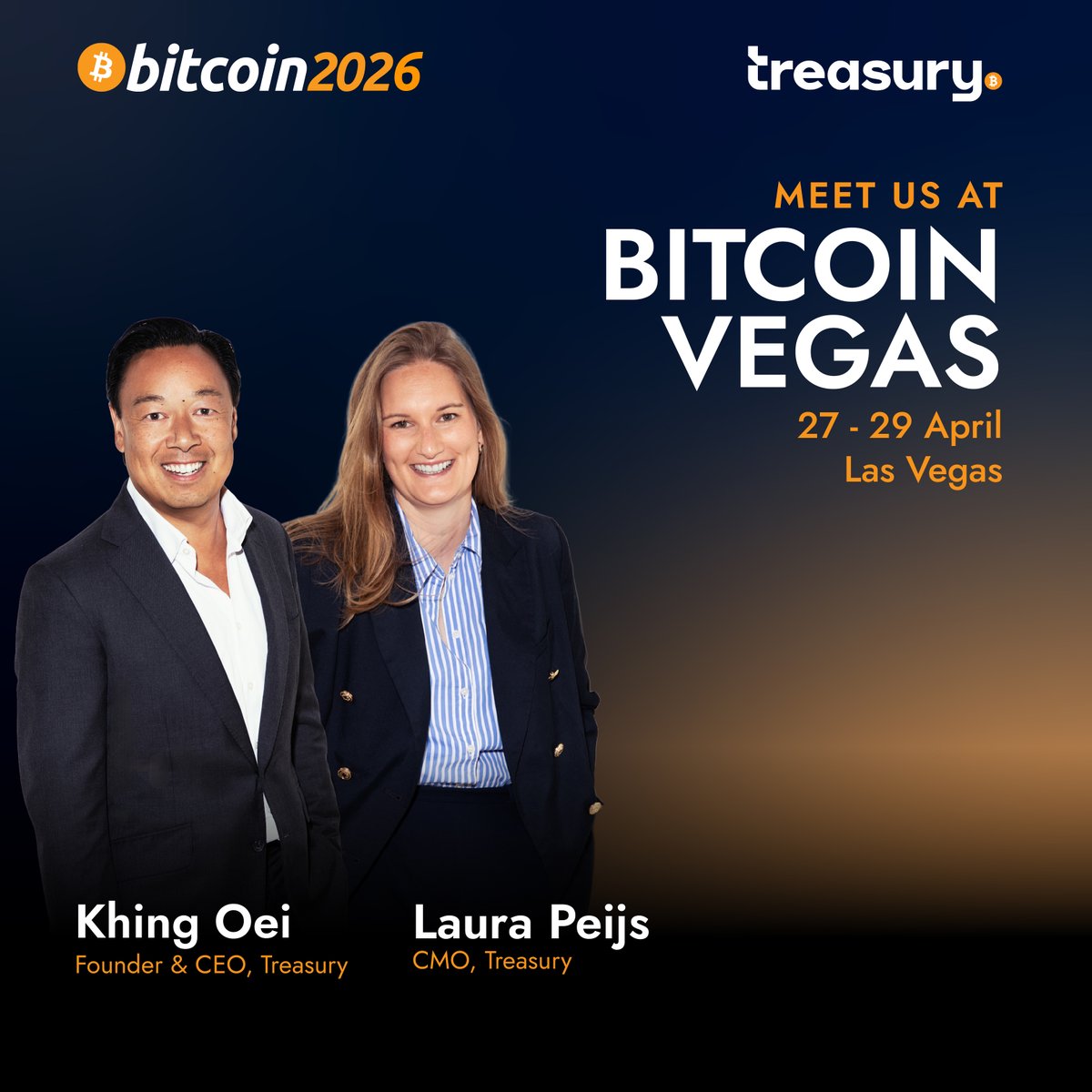 Treasury_BTC's tweet photo. Las Vegas in two weeks. 

@khingoei  and @laurapeijs from the Treasury team will be there. Khing on two Enterprise Stage panels. 

DM us if you want to connect. See you in the desert.🏜️

#BitcoinVegas #Bitcoin2026 https://t.co/gqWi8Eridl