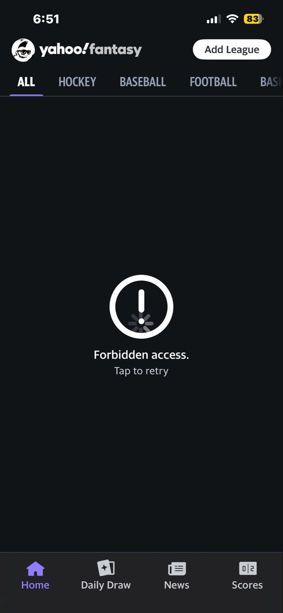 TheD159program's tweet photo. @YahooFantasyCC the app on iOS keeps lagging, failing to load and displaying “forbidden access” https://t.co/S6TpQsmsVw