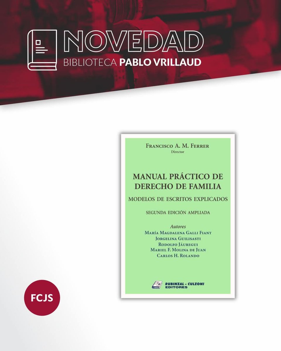 BiblioFcjs's tweet photo. #NovedadesBiblioFCJS
📗Manual práctico de derecho de familia: modelos escritos explicados / Francisco A. M. Ferrer (dir.)
- 2a. edición ampliada, 2025.

✅Donación: Asoc. Cooperadora FCJS
+ Info: 🌐 https://t.co/QlLCPCW0G3 -Novedades

🌐 Catálogo online:
https://t.co/BYzxdI5f3B https://t.co/gMpruhs600