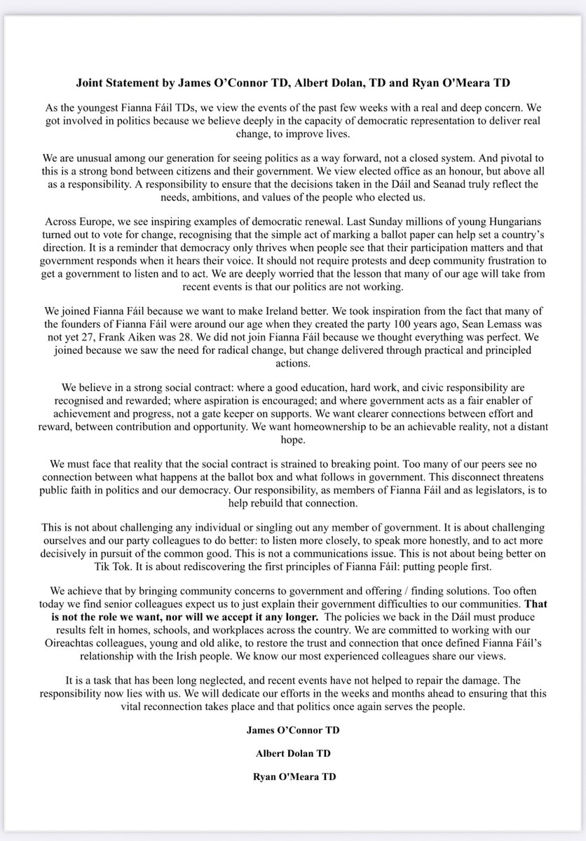 BarryLenihan's tweet photo. Fianna Fail's 3 youngest TDs view recent events with 'real &amp; deep concern'

James O'Connor Albert Dolan &amp; Ryan O'Meara say 'too often we find senior colleagues expect us to just explain their government difficulties...That is not the role we want nor will we accept it any longer' https://t.co/bSjvSgKJCn