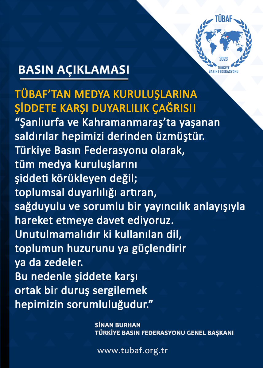 tbfederasyonu's tweet image. TÜBAF’TAN MEDYA KURULUŞLARINA  DUYARLILIK ÇAĞRISI!
Şanlıurfa ve Kahramanmaraş’ta yaşanan
saldırılar hepimizi derinden üzmüştür.
Türkiye Basın Federasyonu olarak, tüm medya kuruluşlarını bu konuda duyarlı  olmaya  çağırıyoruz...
#SorumluMedya #basın @snnburhan @iletisim