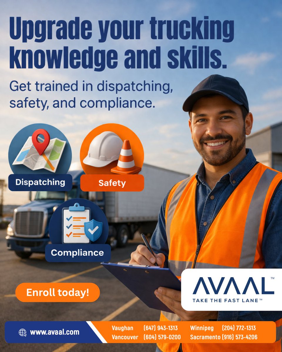 avaaltech's tweet photo. Upgrade your trucking knowledge and skills.

Get trained in dispatching, safety, and compliance.

Enroll today!

🌐 https://t.co/iiU14hNpRk

#TruckTraining #DispatchTraining #LogisticsTraining #TruckingIndustry #SafetyTraining #ComplianceTraining #ProfessionalDrivers https://t.co/Lvrtccg00F