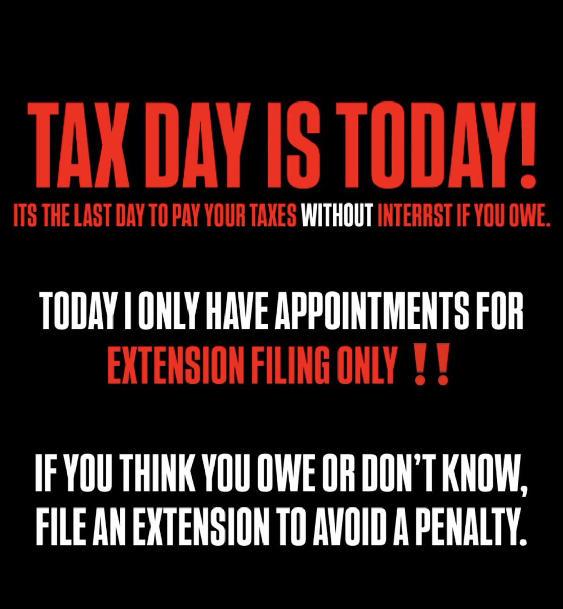 EverythingAybar's tweet image. To file an extension send my office a message on WhatsApp.

REMEMBER, IF YOU ARE RECEIVING A REFUND YOU DO NOT HAVE TO WORRY ABOUT TAX DAY!

ONLY THOSE WHO OWE FEDERAL OR STATE TAXES (see my previous video on Tax Day). 

#taxes  #taxday #irs #accountant #aybartaxes