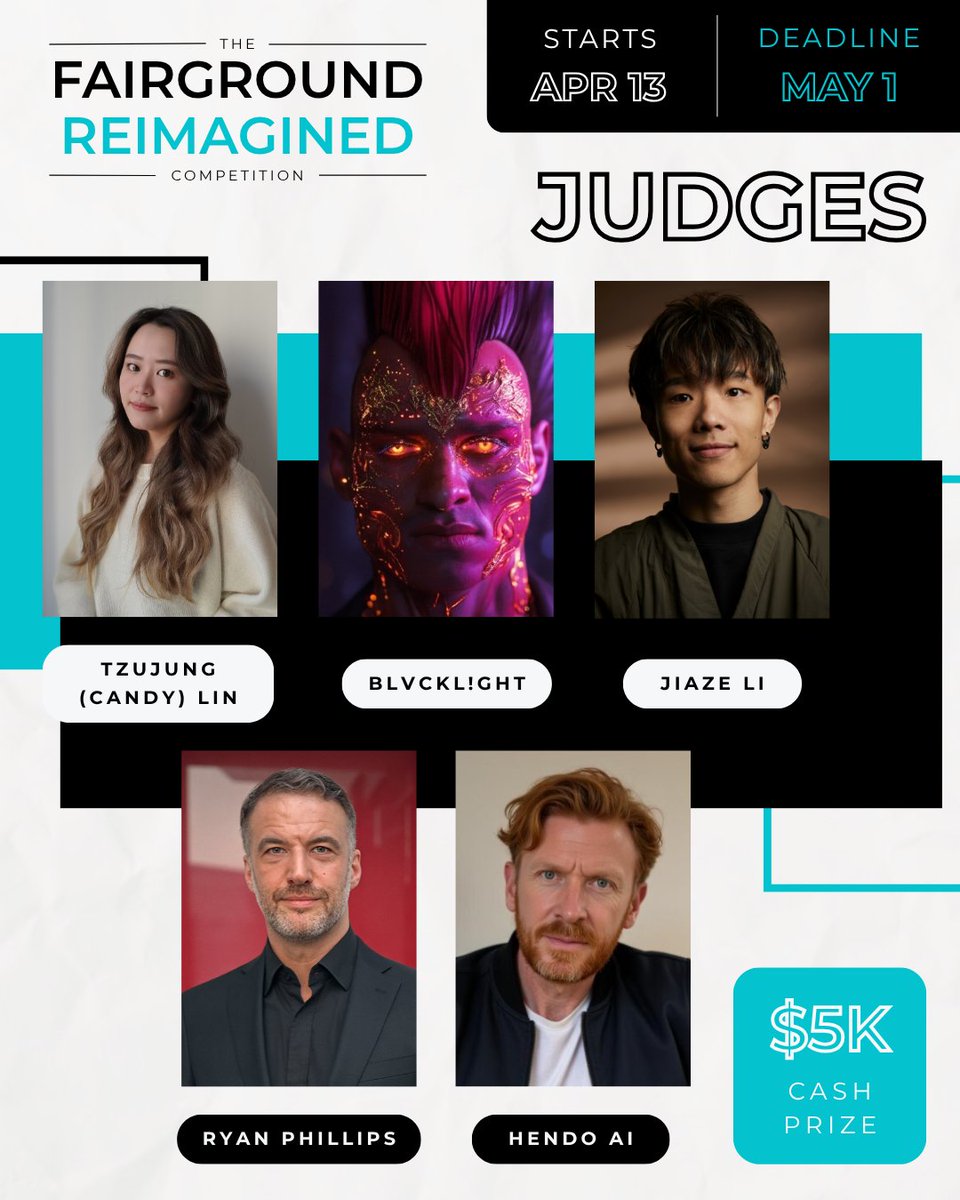fairground_tv's tweet photo. Great competitions are defined by their judges. Here's who's defining 𝐅𝐚𝐢𝐫𝐠𝐫𝐨𝐮𝐧𝐝 𝐑𝐞𝐢𝐦𝐚𝐠𝐢𝐧𝐞𝐝 and helping award $5,000 to one standout winner:

Ryan Phillips / Uncanny Harry (@Uncanny_Harry) - BAFTA-nominated and Award Winning Director

TzuJung Lin - Award-Winning Producer & Editor at DiDi_OK (@DiDi_OKK) 

Jiaze Li - Award-Winning Filmmaker & Director at DiDi_OK (@DiDi_OKK) 

BlvcklightAI (@BLVCKLIGHTai) - Award-Winning AI Filmmaker & World-Builder

HENDO AI (@HendoAi) - AI Strategy Consultant & Creative Director 

We didn't want judges who simply talk about AI filmmaking, we wanted creators who've proven what's possible when narrative craft meets cutting-edge tools.

They've set the standard. Now it's your turn to meet it.

If you're serious about AI filmmaking, this is the competition for you. 

 Enter Fairground Reimagined or submit for Best of AI Season 2: 
👉 https://t.co/Zf7tSIfKBk

Need more details on the competitions?

🏆 𝐅𝐚𝐢𝐫𝐠𝐫𝐨𝐮𝐧𝐝 𝐑𝐞𝐢𝐦𝐚𝐠𝐢𝐧𝐞𝐝 | $𝟓,𝟎𝟎𝟎 𝐠𝐫𝐚𝐧𝐝 𝐩𝐫𝐢𝐳𝐞
The public domain is your canvas. Take a timeless story and make it yours through AI. Any genre, any style, any interpretation. Sherlock Holmes as sci-fi. Romeo & Juliet in a dystopian future. Dracula as a mockumentary. The source material is timeless. Now it's your turn.

🎥 𝐁𝐞𝐬𝐭 𝐨𝐟 𝐀𝐈 𝐒𝐞𝐚𝐬𝐨𝐧 𝟐 | $𝟔,𝟎𝟎𝟎 𝐢𝐧 𝐩𝐫𝐢𝐳𝐞𝐬
Got a finished film? Submit it for Season 2 of Best of AI, our show now airing on connected TV and streaming platforms. Top film takes $3,000.