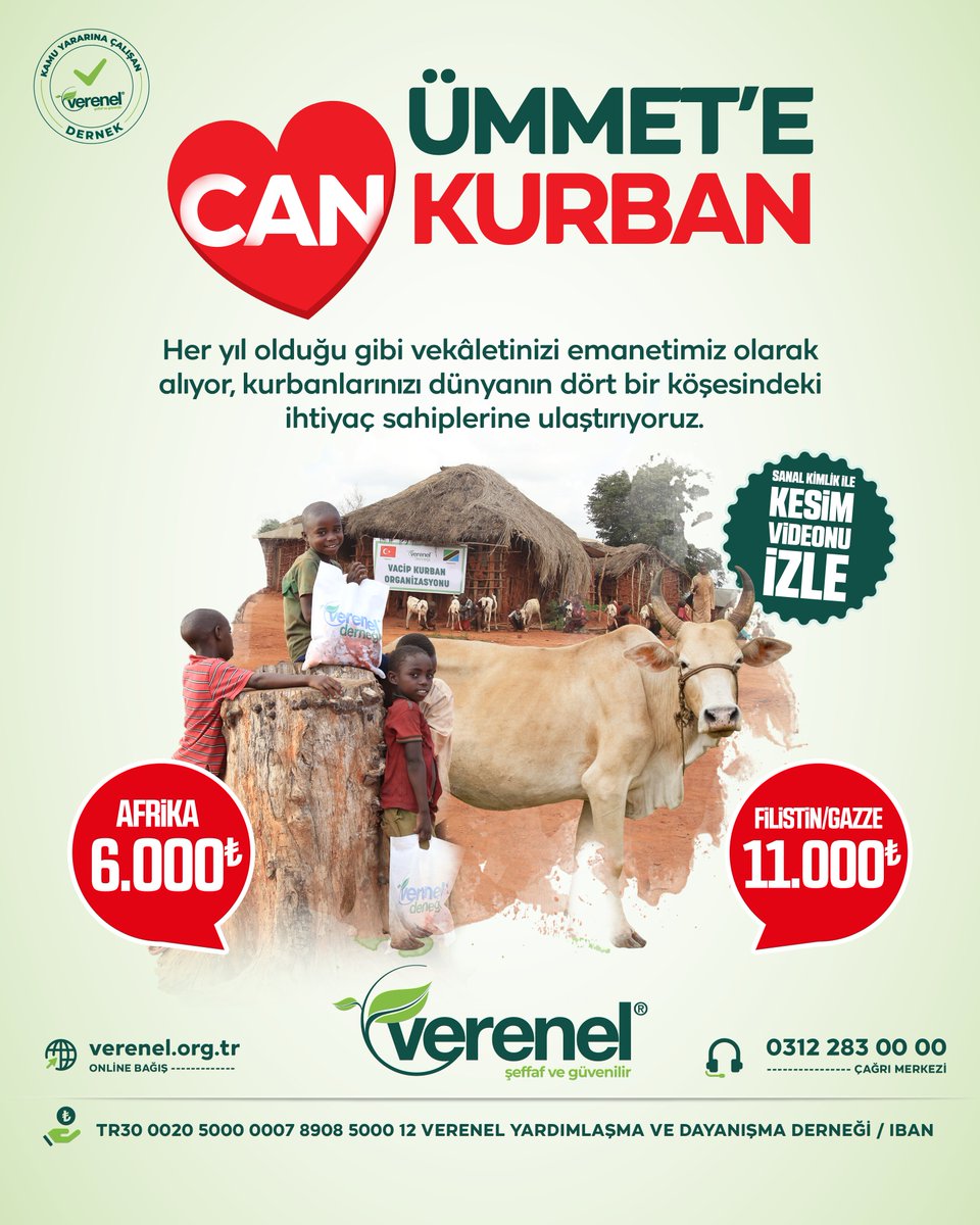 vereneldernegi's tweet photo. Ümmet’e Can Kurban! ❤️

Vacip kurban organizasyonumuz kapsamında; vekâletlerinizi emanet bilinciyle alıyor, kurbanlarınızı dünyanın dört bir yanındaki ihtiyaç sahiplerine ulaştırıyoruz.

🌐 Online Bağış: https://t.co/PYvw0Y0593 
IBAN: TR30 0020 5000 0007 8908 5000 12

#Kurban https://t.co/FcMUHanS2w