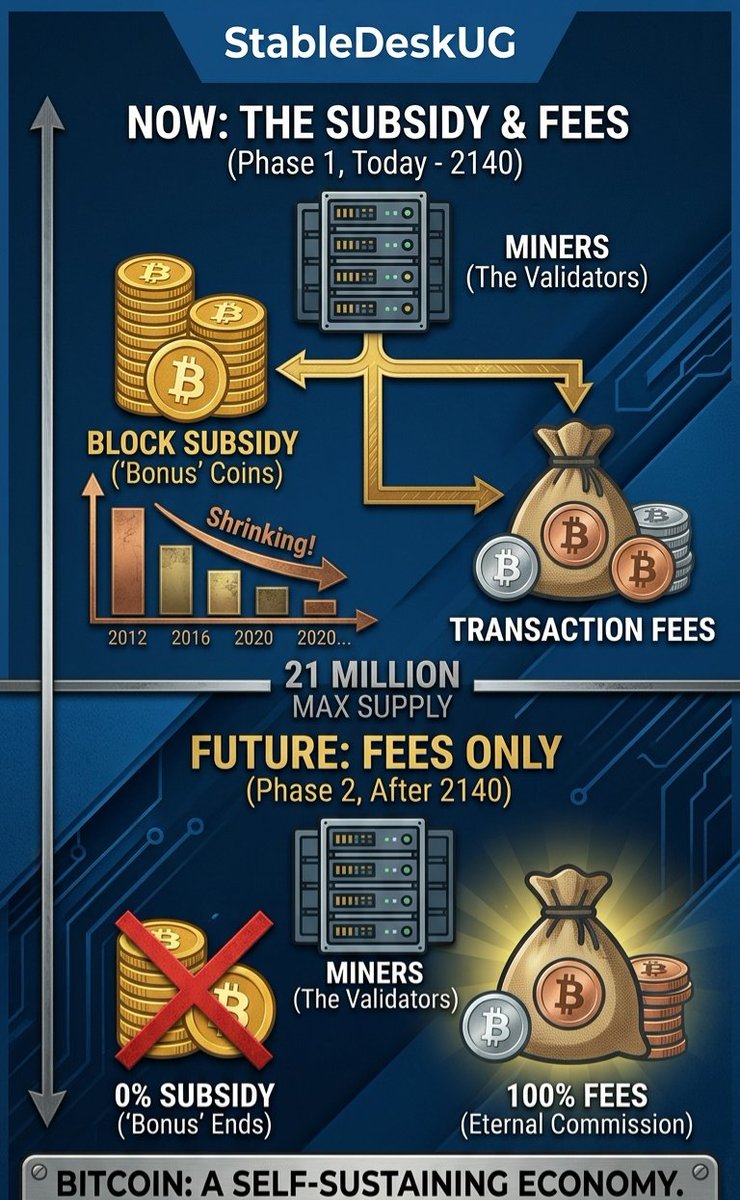 StabledeskUG's tweet image. What happens in 2140 when the last Bitcoin is mined? 🔌❌

The network doesn't stop. It just switches to a 100% "Broker Model." No more "bonuses" from the system, just pure commission for the work. 🧵 #StableDeskUG #BitcoinFuture #UgandaDigital