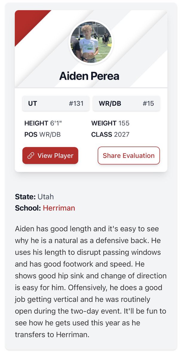 AidenPerea_'s tweet photo. Thank you @Andy_Pham1 for the evaluation, hard work still coming💪
@PrepRedzoneUT @Andy_Pham1 @HHSMustangFB @coachrickards https://t.co/d5yztYDCSa
