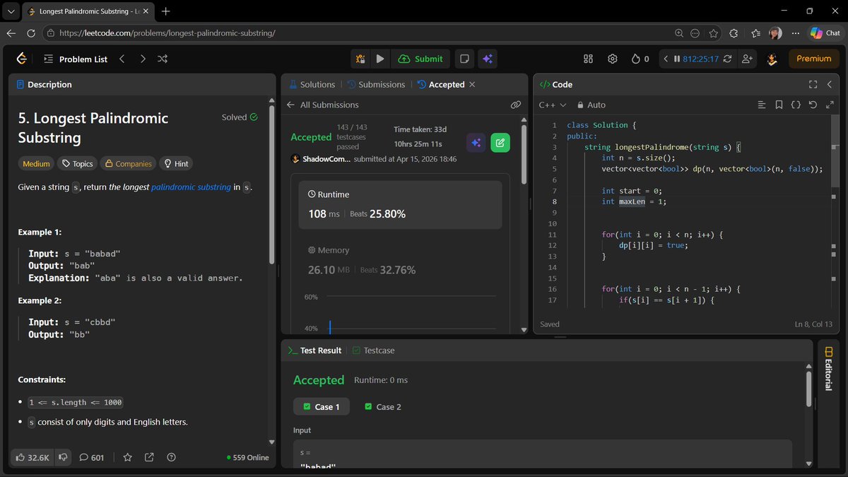 AnchalGupta009's tweet image. Day 171: Longest Palindromic Substring 🔁
DP on substrings
Check expanding ranges for palindrome
Track max length substring ⚡
#LeetCode #DP #CPP #DSA