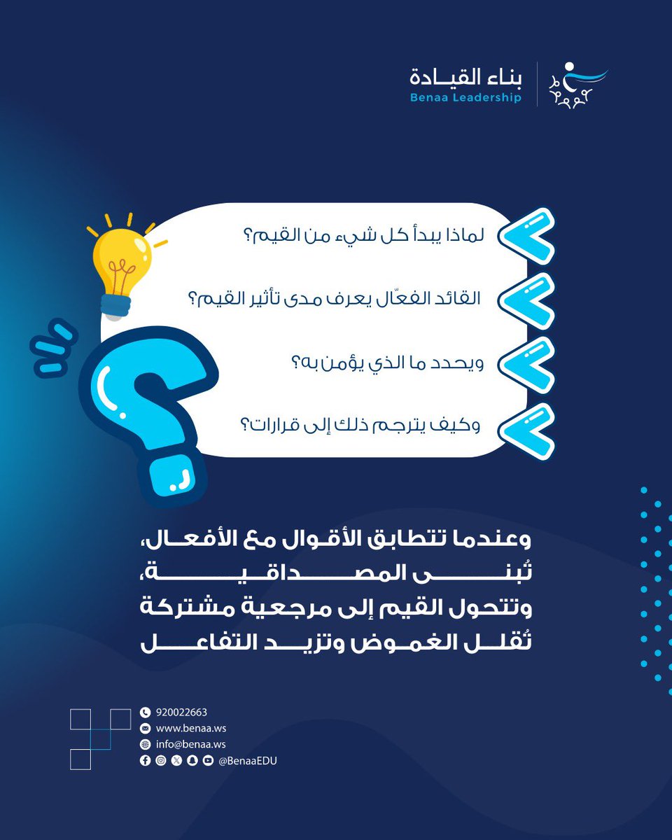 benaaleadership's tweet photo. 📍 لماذا يبدأ كل شيء من القيم؟
📍القائد الفعّال يعرف مدى تأثير القيم؟
📍ويحدد ما الذي يؤمن به؟
📍وكيف يُترجم ذلك إلى قرارات؟

وعندما تتطابق الأقوال مع الأفعال،
تُبنى المصداقية ✨
وتتحول القيم إلى مرجعية مشتركة
تُقلل الغموض وتزيد التفاع�� 🔝

#بناء_القيادة https://t.co/sBTd8rvR6B
