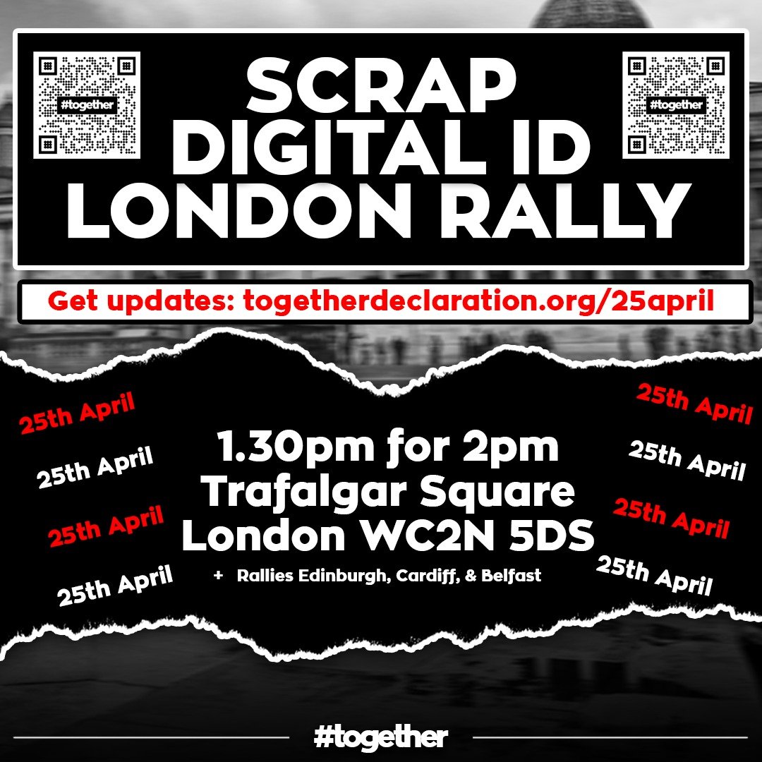keebsonx's tweet image. SCRAP Digital ID - RALLY

Sat 25 April - events in London, Edinburgh, Cardiff &amp;amp; Belfast

3 million people signed a petition saying "no" - so why is it still being pushed?

More info: togetherdeclaration.org/25april

@togetherdec #together