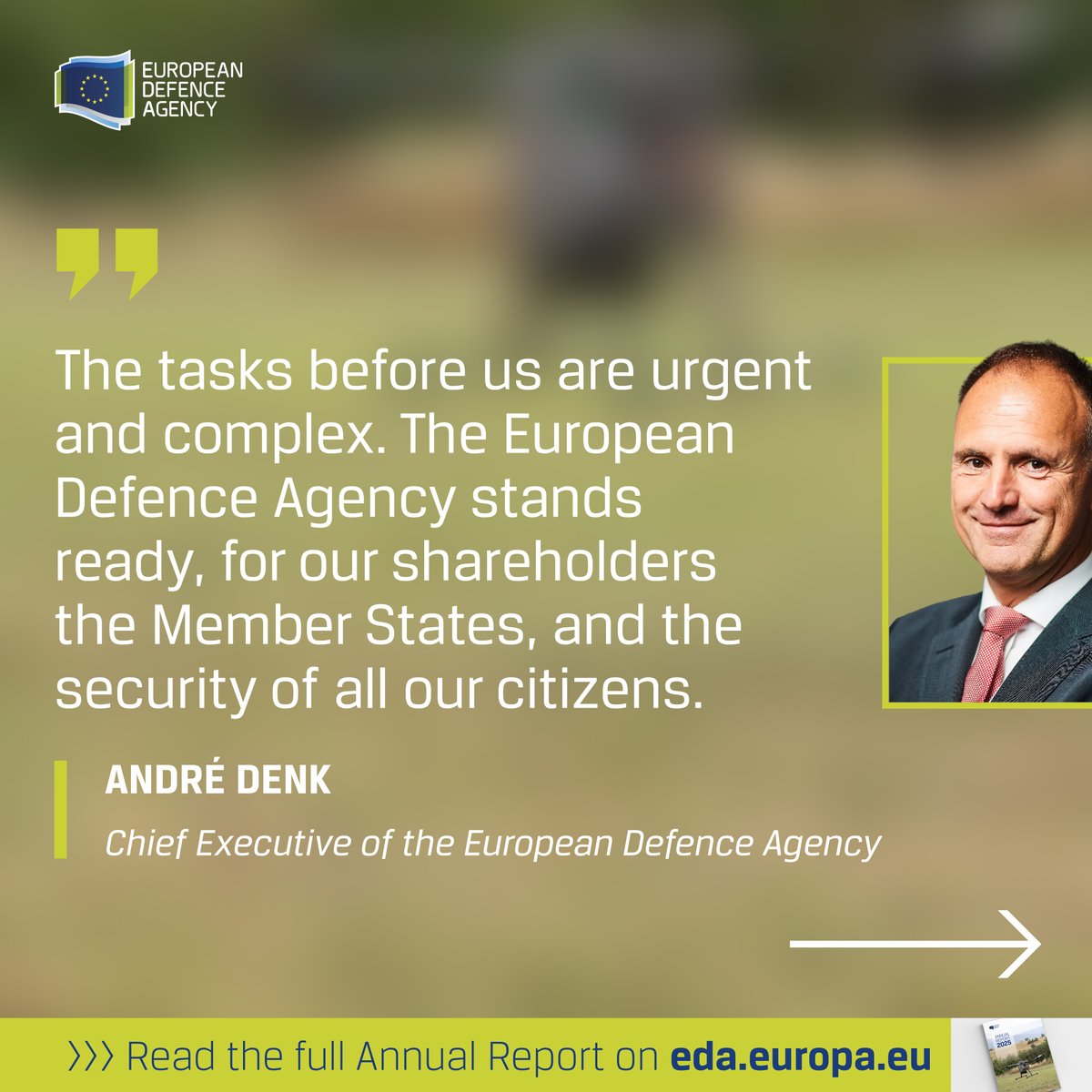 EUDefenceAgency's tweet image. The 2025 @EUDefenceAgency  Annual Report is out!
  
🔹 First EU-wide #OPEX campaign
🔹~90 projects (€600M) 
🔹 +10 PESCO &amp;amp; 42 EDF (€300M+)
… and more driving #EUdefence cooperation

➡️Read our Annual Report: eda.europa.eu/docs/default-s… 

#StrongerTogether