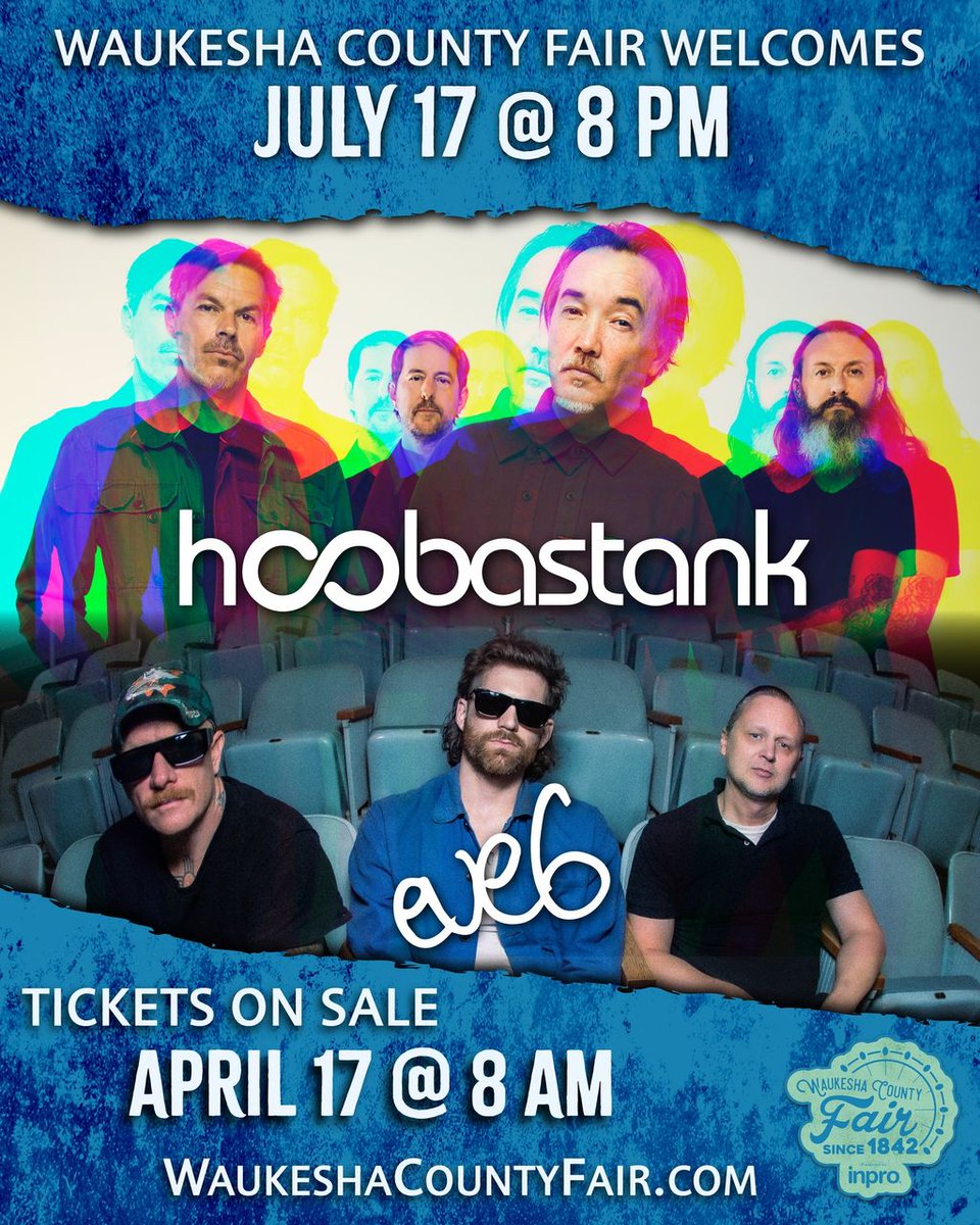 NewRock102One's tweet photo. JUST ANNOUNCED! #EVE6 with #Hoobastank will headline the Miller Lite Main Stage at #WaukeshaCountyFair on Friday, July 17th at 8 PM.

TICKETS ON SALE Friday, April 17 at 8AM CT.

All Miller Lite Main Stage shows are free with Fair admission—up-front ELITE VIP and VIP seating are available for purchase.

#NewRock102One #NewRock1021 #Rock102One #Rock1021 #90sRock #Alternative #Grunge #Indie #ModernRock #Milwaukee #InternetRadio