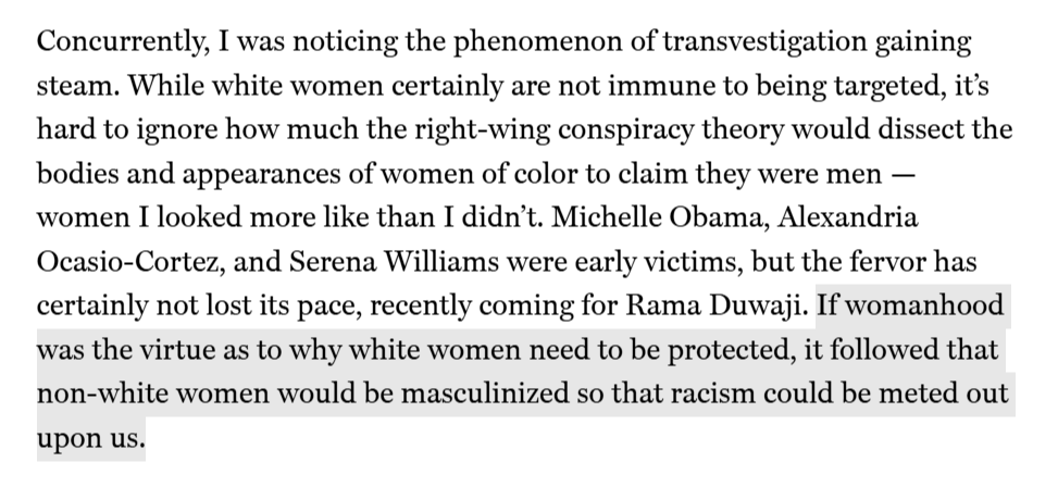 This is very good. How people are judged for their performance of gender (and how we frequently judge ourselves) is largely based on how well they can perform a very specific, very narrow brand of white femininity that reactionaries want to portray as both innate and fragile.