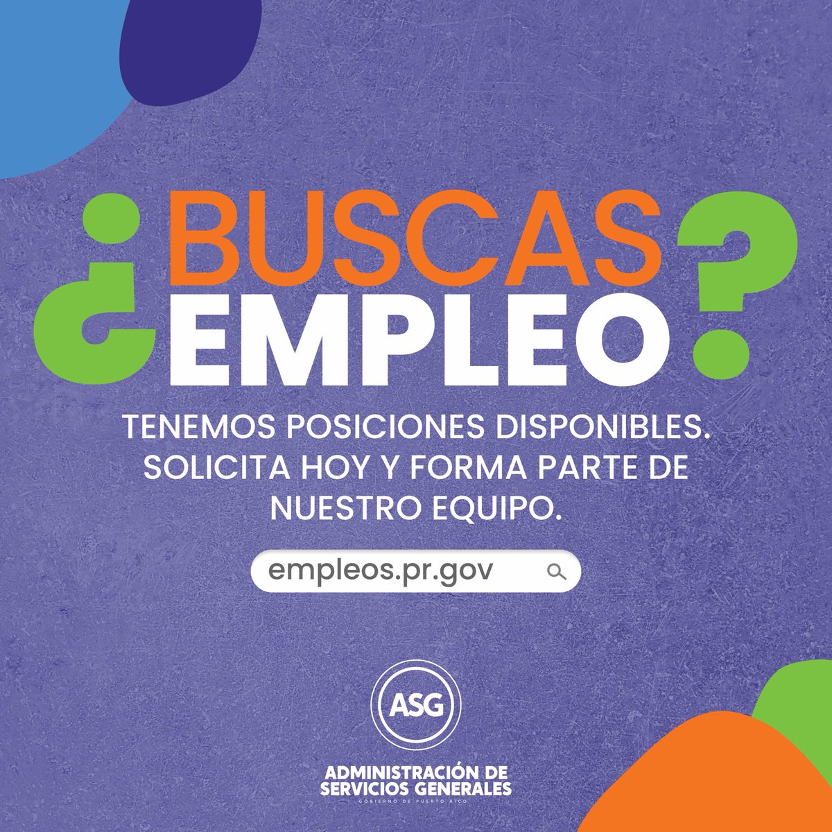 La ASG informa sobre varias oportunidades de empleo disponibles. Exhortamos a profesionales cualificados a acceder, evaluar las vacantes y someter su solicitud.

🔗 Accede a empleos.pr.gov .