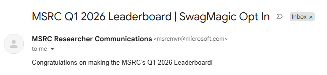 tahadraidia's tweet photo. Glad to share that I made the MSRC Q1 2026 Leaderboard.
A nice early sign that the security tool I'm building is heading in the right direction.
Thanks to @msftsecresponse  for the recognition. More to come. https://t.co/P4XGZ2RjKv