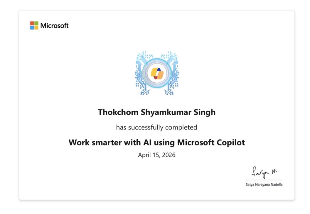 ThShyamkumar's tweet photo. Thrilled to have completed “Work smarter with AI using Microsoft Copilot” with Microsoft! 🚀

Big thanks to Satya Narayana Nadella for this recognition.💡✨

#MicrosoftCopilot #WorkSmarter #AI #Productivity #MicrosoftLearning https://t.co/qWcqxnooCi