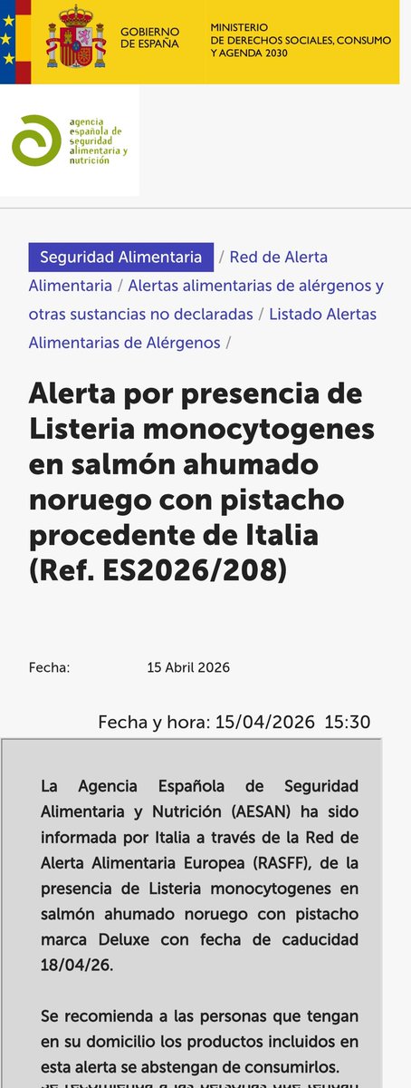 AESAN_gob_es's tweet photo. ⚠️ Alerta por presencia de Listeria monocytogenes en salmón ahumado noruego con pistacho.
🚫 No consumir.
📌 https://t.co/p1sh9N4Ye2 https://t.co/GRFmjLIDOq