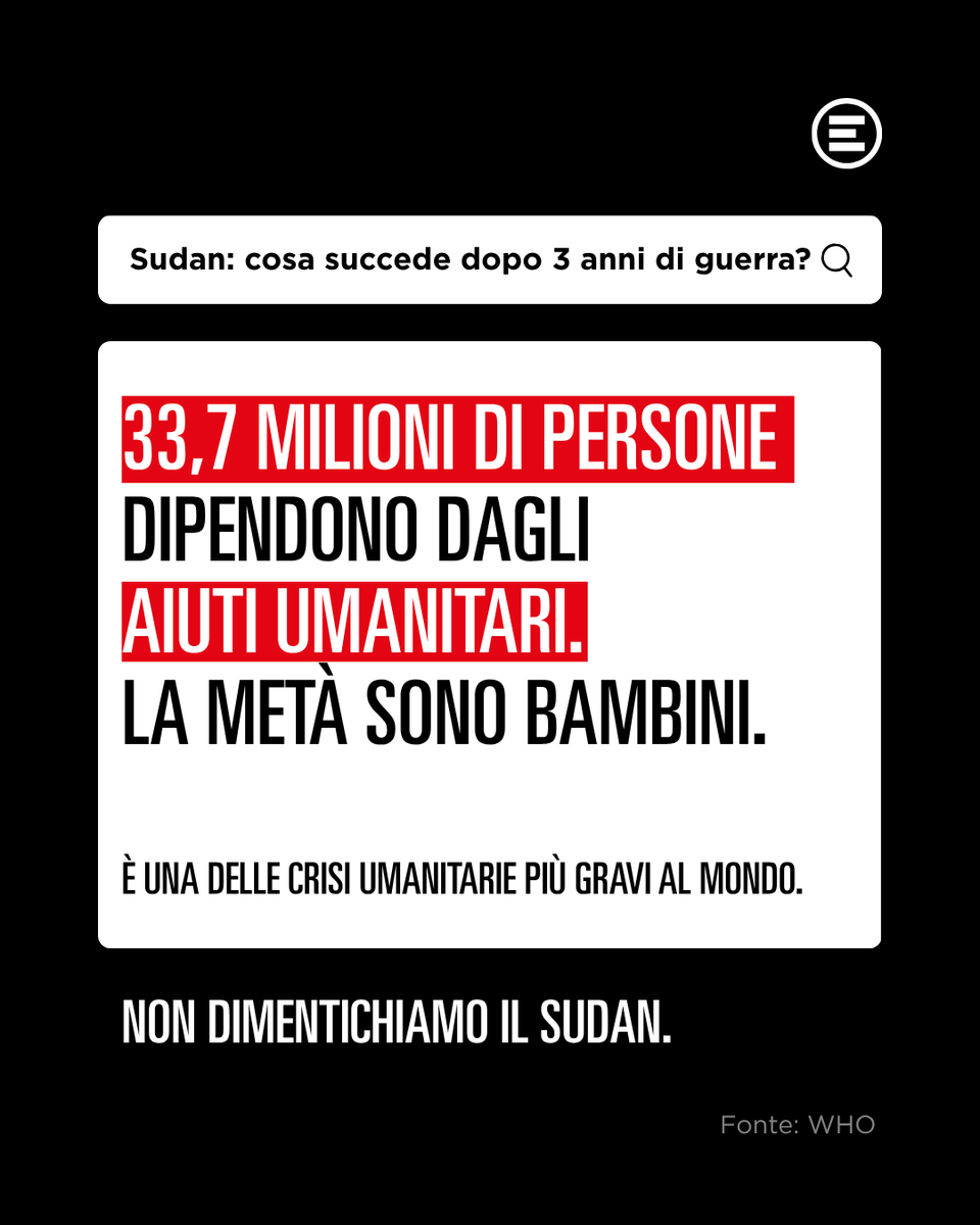 emergency_ong's tweet photo. #Sudan Cosa succede nel Paese a 3 anni dall'inizio della guerra. https://t.co/JrAhE5DEIh
33,7 milioni di persone dipendono dagli aiuti umanitari. La metà sono bambini. 
Una delle crisi umanitarie più gravi al mondo. https://t.co/XLG84lCjvh