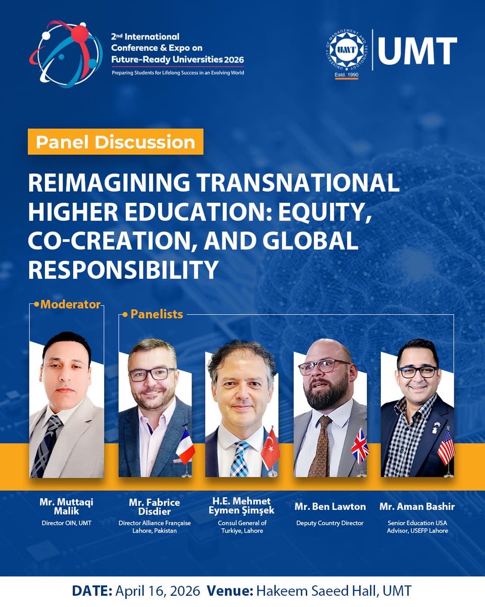 UMTOfficial's tweet image. Join industry #experts as they explore how Al is reshaping #skills, #careers and the #future workforce.

Date: April 16, 2026
Venue: Hakeem Saeed Hall
Time: 9:00AM-5:30PM

#myUMT