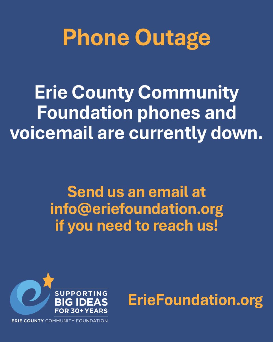 ErieCCF's tweet photo. Our phones are currently down. We are working to fix the problem. Send us an email at info@eriefoundation.org if you need to reach us! https://t.co/Lgy7bw8CmD