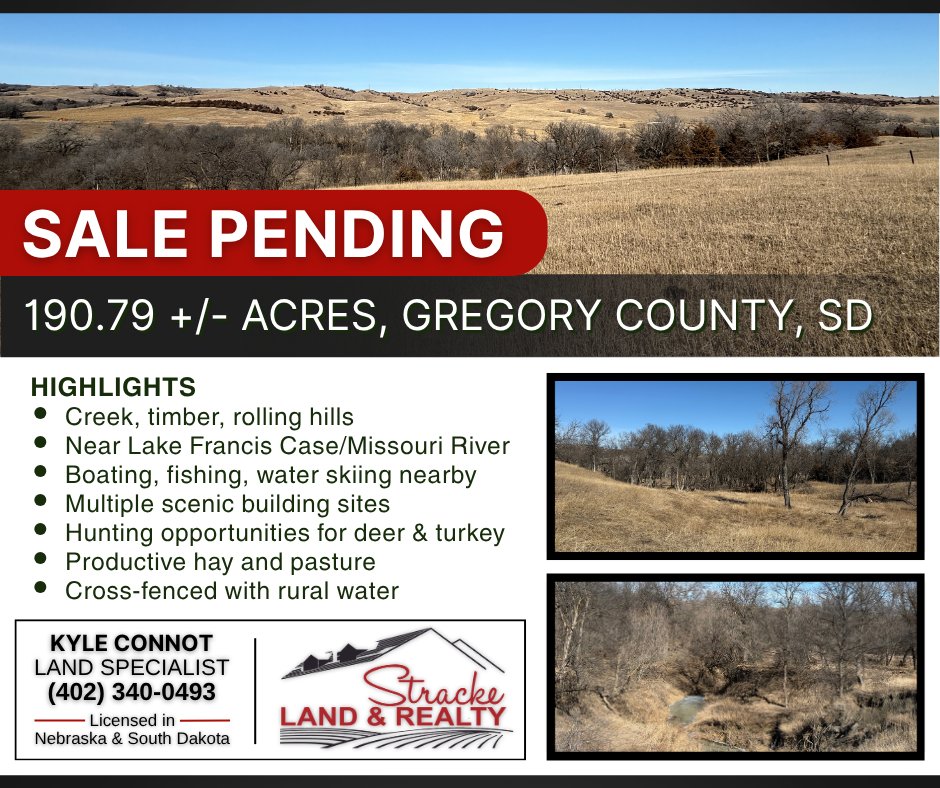 stracke_realty's tweet image. 🎉 SALE PENDING! 🏡

🌾 190.79 +/- Acres | Gregory County, South Dakota
✨ Listed and Sold by Kyle Connot

Kyle Connot - Land Specialist, Stracke Land &amp;amp; Realty 
📲 402-340-0493
🌐 strackerealty.com/agents/

#StrackeLandandRealty #NebraskaRealEstate #SalePending #GregoryCounty