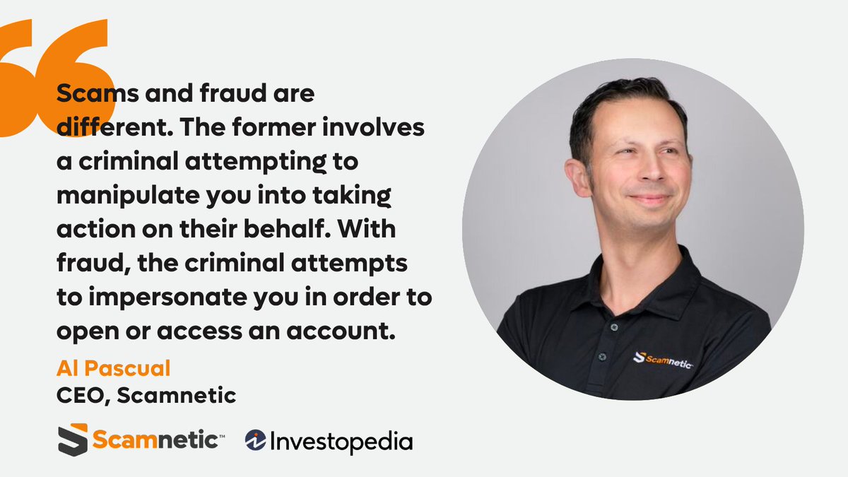 SCAMNETIC's tweet image. Today’s #scams don’t always look suspicious. With easily-accessible biographical information, scams are personal and sophisticated.

Our CEO, Al Pascual, sat down with Investopedia to discuss the new face of scams, the red flags to look out for, and how to protect your money and