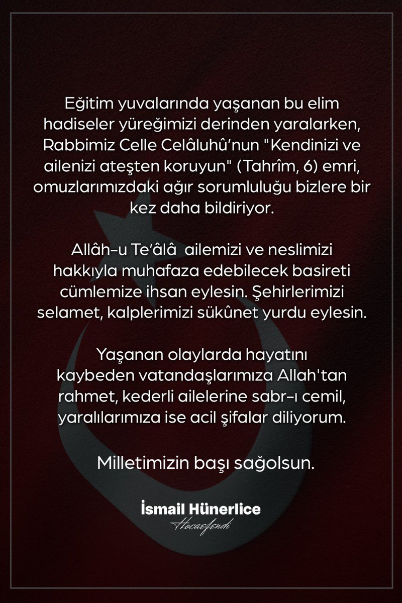 Eğitim yuvalarında yaşanan bu elim hadiseler yüreğimizi derinden yaralarken, Rabbimiz Celle Celâluhû’nun "Kendinizi ve ailenizi ateşten koruyun" (Tahrîm, 6) emri, omuzlarımızdaki ağır sorumluluğu bizlere bir kez daha ihtar ediyor. 

Allâh-u Te’âlâ  ailemizi ve neslimizi hakkıyla
