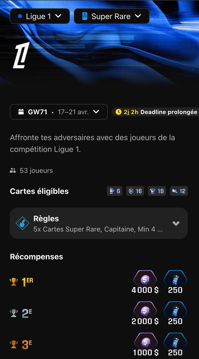scomopolitan's tweet photo. @Jobznt23 @Sorare Est-ce que tu sais pourquoi sur la dernière GW la 1ère et 2ème place était à 3000$ et 1500$ alors que sur la prochaine GW c'est 4000$ et 2000$ ? https://t.co/3cAvQ1zrGl