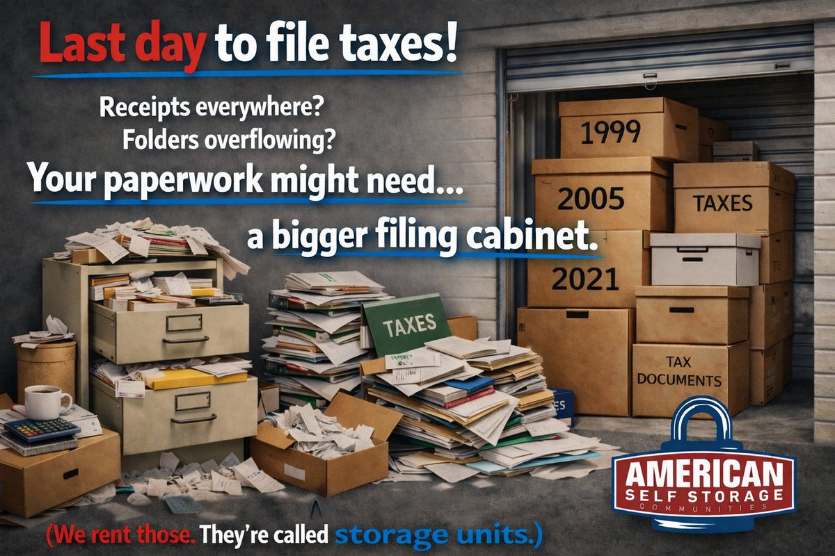 GeistStorage's tweet photo. 📢Happy Tax Day! 
⏰️Last day to file taxes! 
Receipts everywhere? Folders overflowing? 
Your paperwork might need…a bigger filing cabinet.📦
(We rent those. They’re called storage units.) 🤣
#HappyTaxDay https://t.co/rZxZtJAFKT