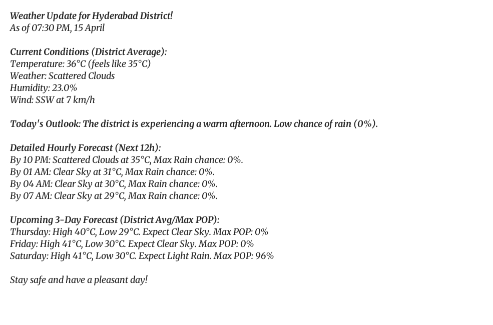 HyderbadWeather's tweet image. Good evening, Hyderabad! 👋
It's currently 36°C (feels like 35°C) with Scattered Clouds.
Tomorrow: Clear Sky, high of 40°C.
#weatherupdate #Hyderabad #Heatwave #Cloudy