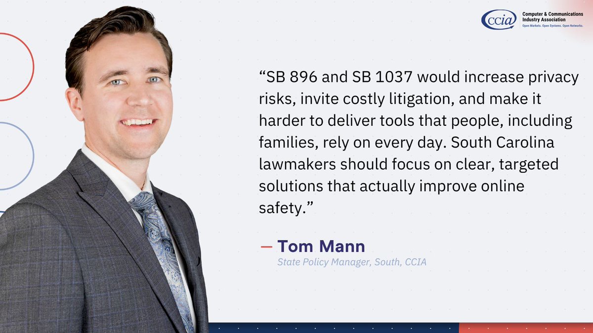 ccianet's tweet image. South Carolina’s chatbot bills aim to protect kids, but risk sweeping far beyond that goal. CCIA warns SB 896 &amp;amp; SB 1037 could expand data collection on minors, raise #FirstAmendment concerns, and expose innovators to costly litigation, while disrupting tools families rely on