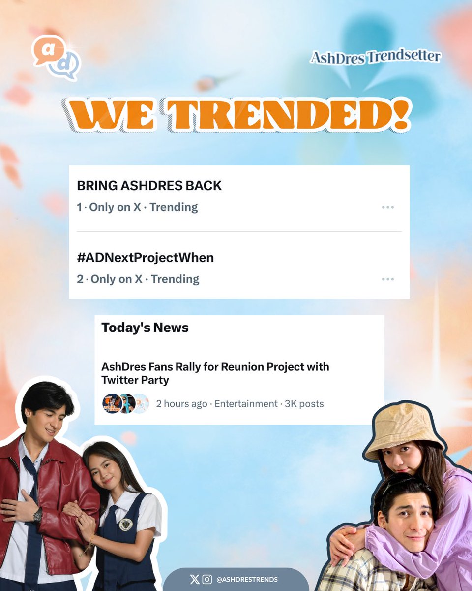 AshDresTrends's tweet image. IT’S A WRAP! 🎉
We did it, Keepers! 🔥

Thank you, Shines, Knights, and Keepers for showing up, making noise, and making this trend possible. 🩵🧡

Stay strong, Keepers. Our time will come. 

See you on the next TP 😉

#AshDres || #AshtineOlviga || #AndresMuhlach