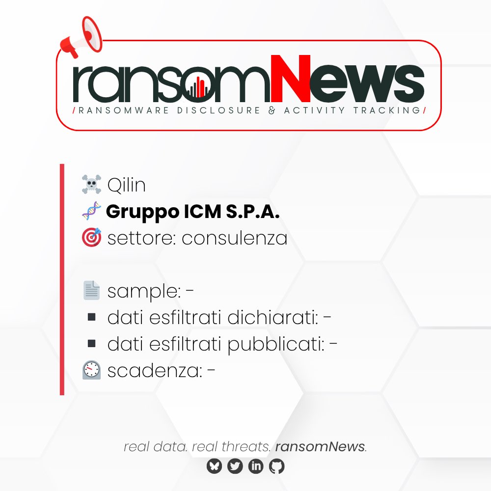ransomnews's tweet image. 🚨 nuova rivendicazione #ransomware Italia 🚨 

🏴‍☠️ gruppo #Qilin
🧬 Gruppo ICM S.P.A. | Vicenza
🎯 settore: consulenza 
🔗 gruppoicm.com
🗓️ 15 aprile 2026

📄 sample: -
▪️ dati esfiltrati dichiarati: -
▪️ dati esfiltrati pubblicati: -
⏲️ scadenza: -

#ransomNews