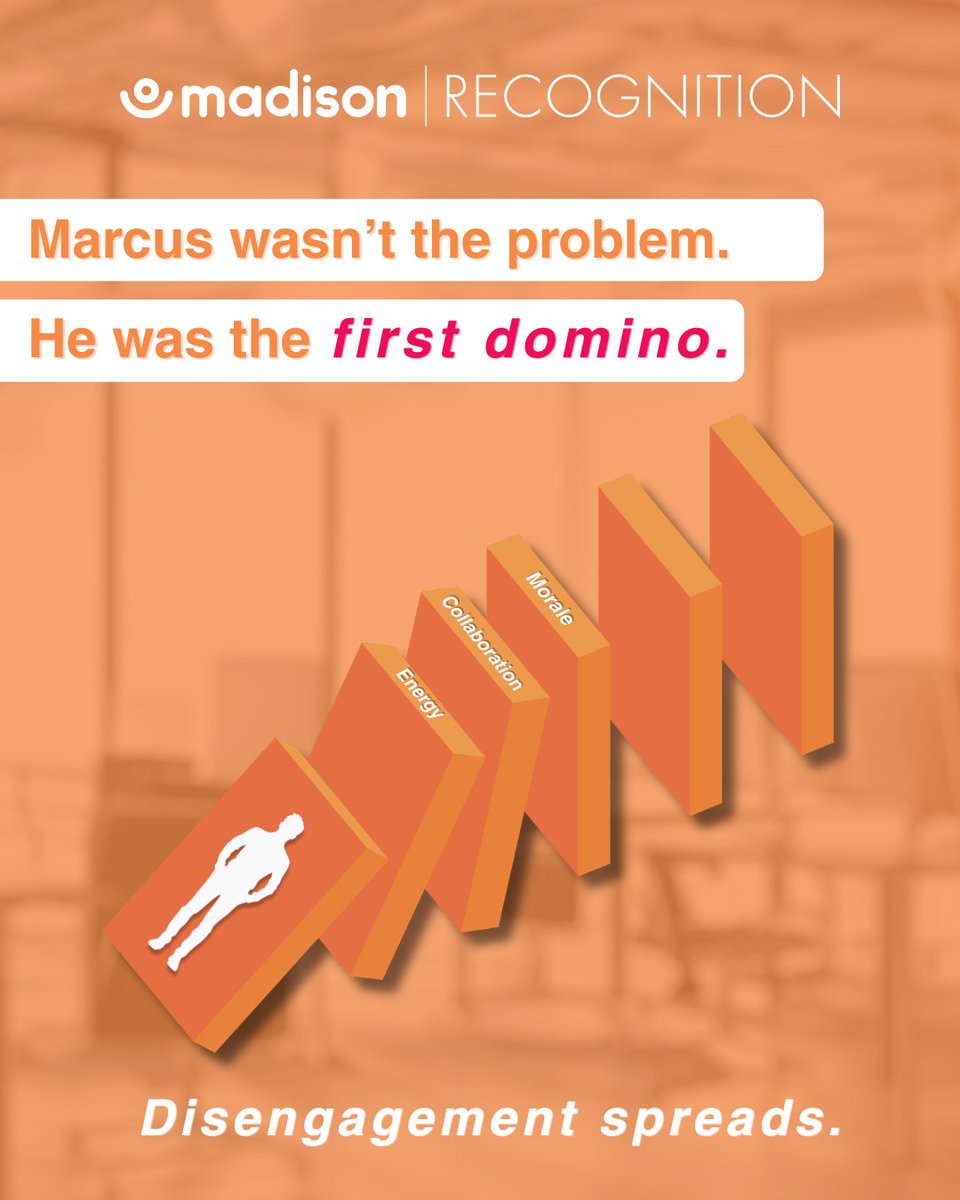 m_recognition's tweet photo. Marcus wasn’t a low performer.

He was the first domino. 

When a high performer disengages,
the impact doesn’t stay contained.

It spreads through:
• Team energy
• Collaboration
• Morale

Disengagement is contagious. https://t.co/E7cWA0Y0BF