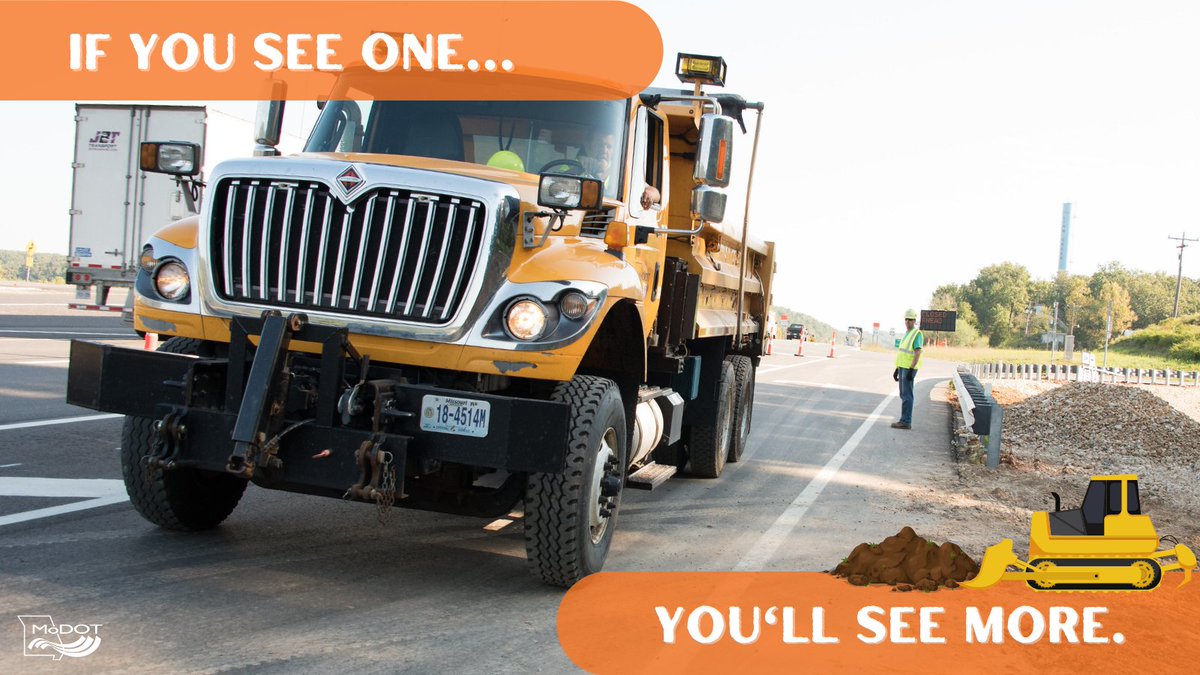 MoDOT's tweet photo. Spot a dump truck? Expect more close behind. Work zones are active and always changing. Keep your eyes up and slow down for our crews. 🚧 #WorkWithUs https://t.co/xixaKSOjqn